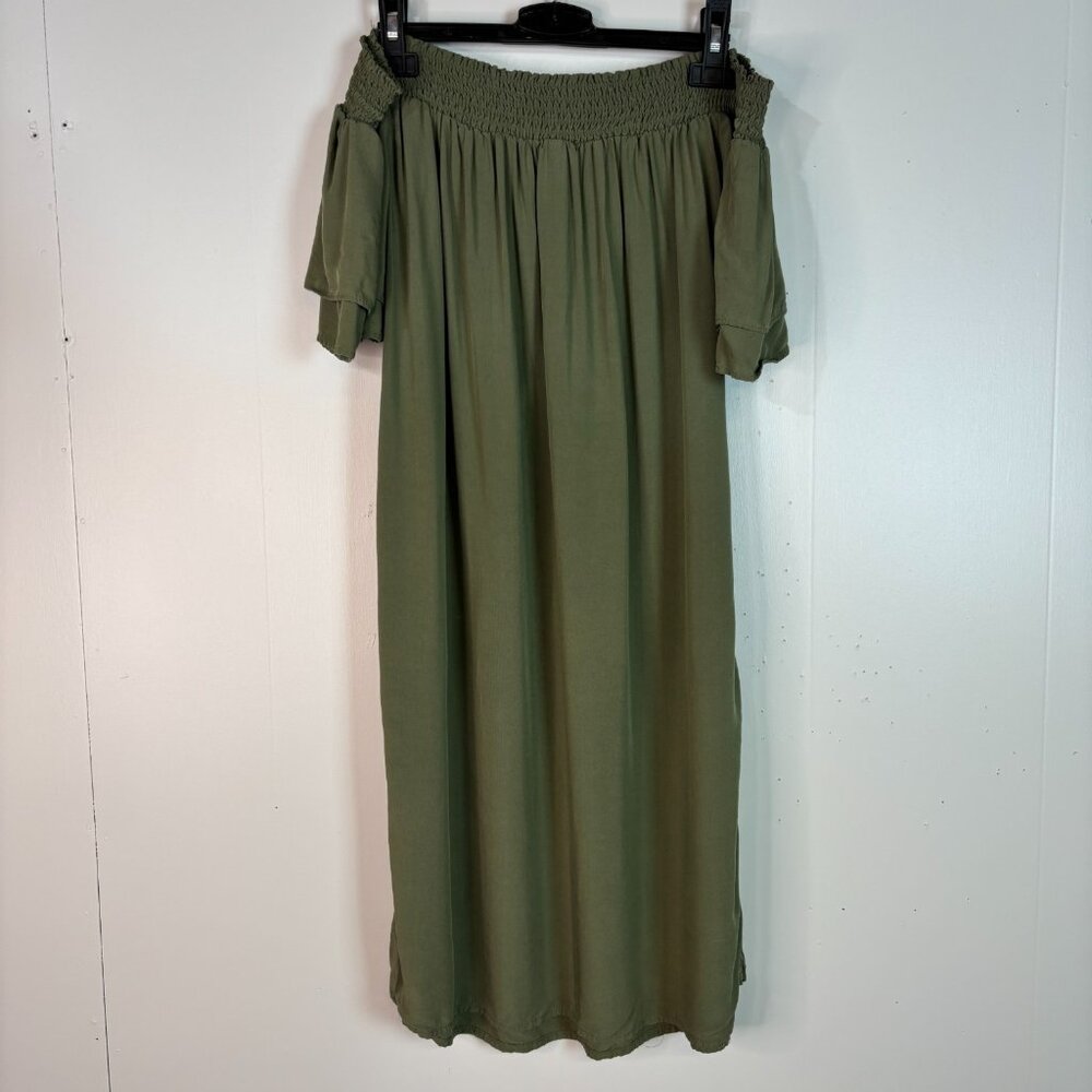 Old Navy Shift Dress Medium Olive Green Off-the-Shoulder Smocked Mini